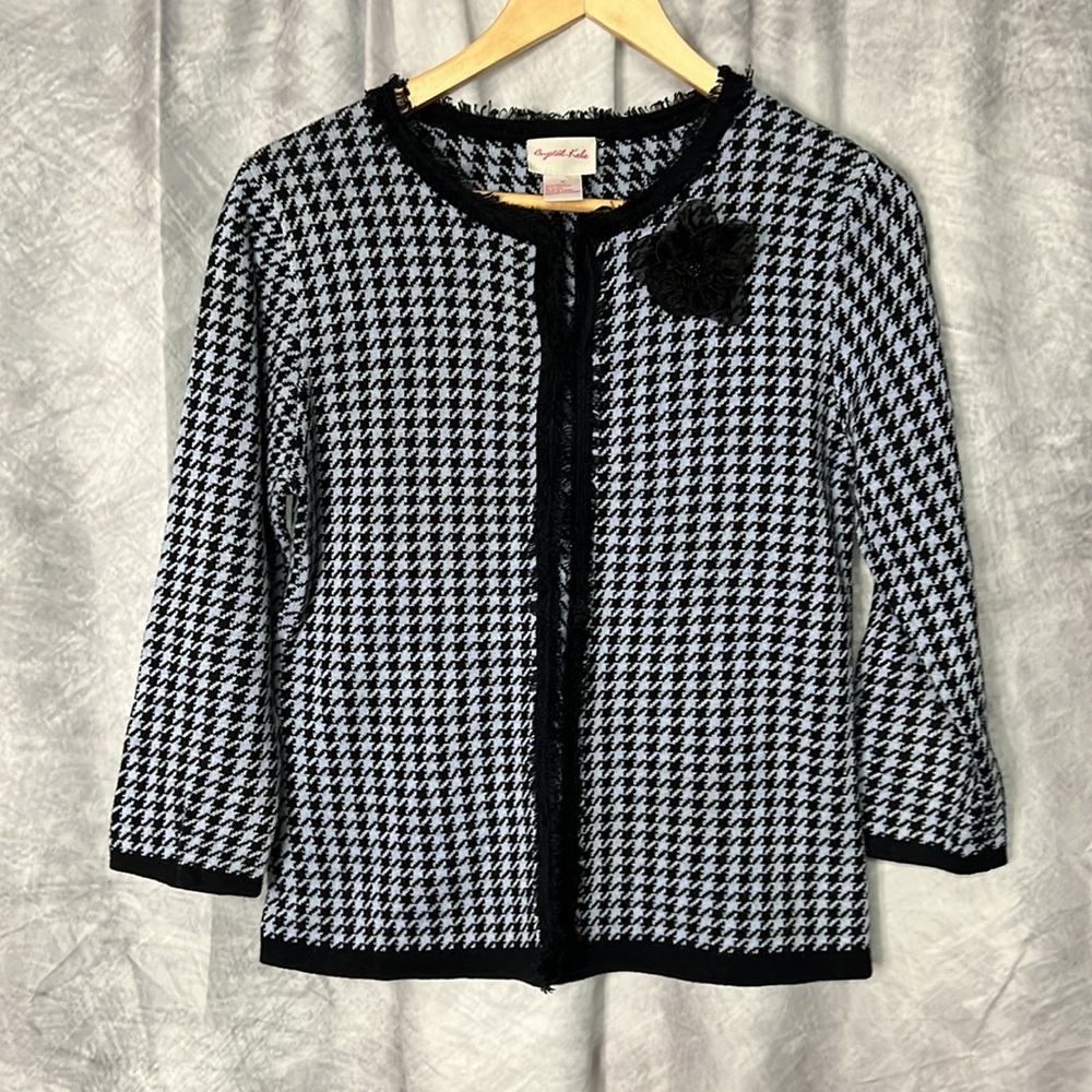 Crystal-Kobe Blue and Black Houndstooth Cardigan Sweater with Floral Pin Accent - Picture 8 of 11